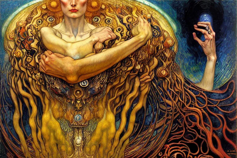 Image similar to Divine Chaos Engine by Karol Bak, Jean Delville, William Blake, Gustav Klimt, and Vincent Van Gogh, symbolist, visionary