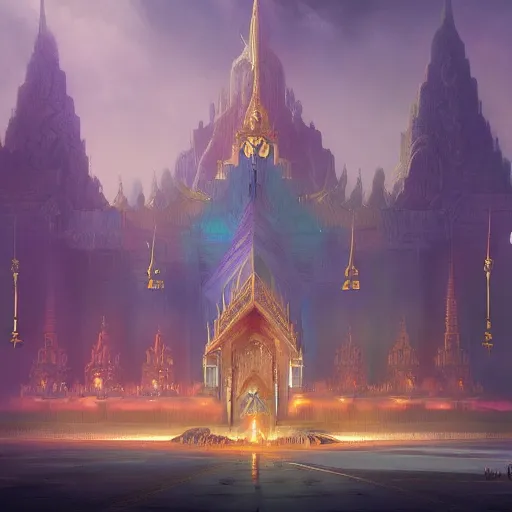 Image similar to grand palace temple for leader of galactic empire by peter mohrbacher, vivid colors, matte painting, 8K, concept art, mystical color scheme, trending on artstation