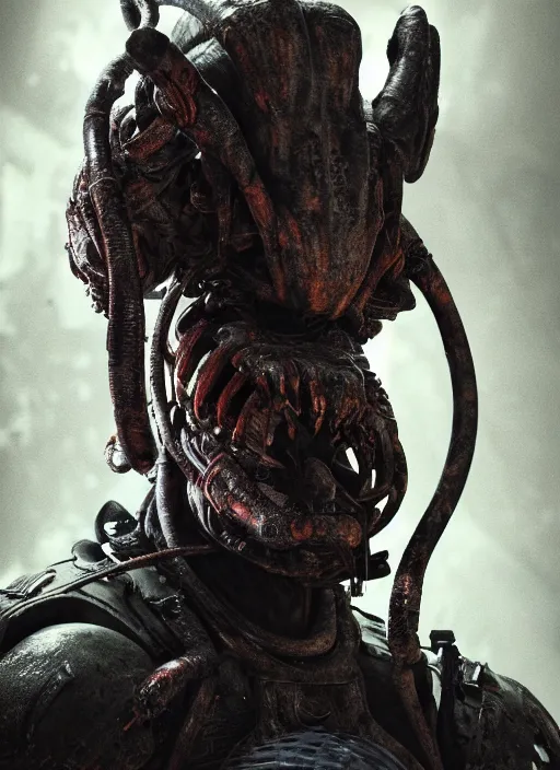 Image similar to a photorealistic dramatic hyperrealistic render of predator the alien hunter, ultra realistic details, well worn, rust, oil stains designed by vitaly bulgarov and mike nash, beautiful dramatic dark moody tones and lighting, cinematic atmosphere, studio lighting, global illumination, shadows, dark background, octane render, 8 k