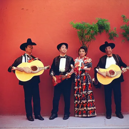 Prompt: photo, portrait, mariachi band, tlaquepaque, kodak ektachrome,