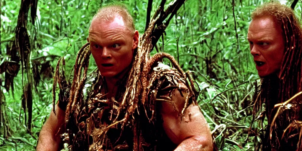 Image similar to a film still of Bill burr in Predator, high quality