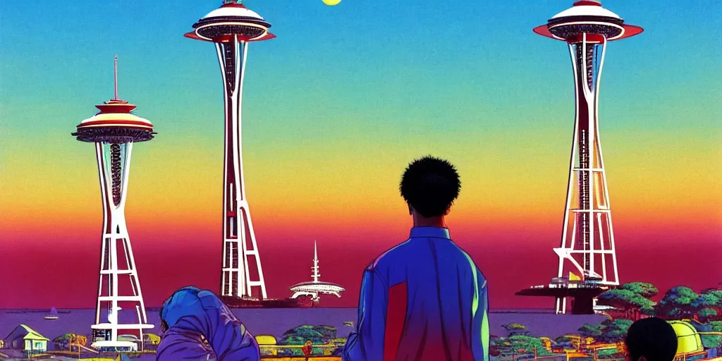 Image similar to playboi carti posing in front of the space needle, acid and dreaming psychedelic hallucinations, by kawase hasui, moebius and edward hopper, colorful flat surreal design, hd, 8 k, artstation