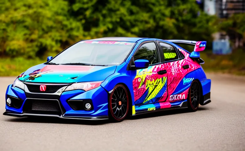 Prompt: photograph of an itasha Honda Civic EK9 Type-R, sigma 85mm f/1.4, 4k, depth of field, high resolution, 4k, 8k, hd, full color