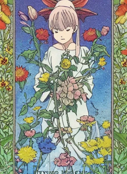 Prompt: fairy floral tarot card by Hayao miyazaki