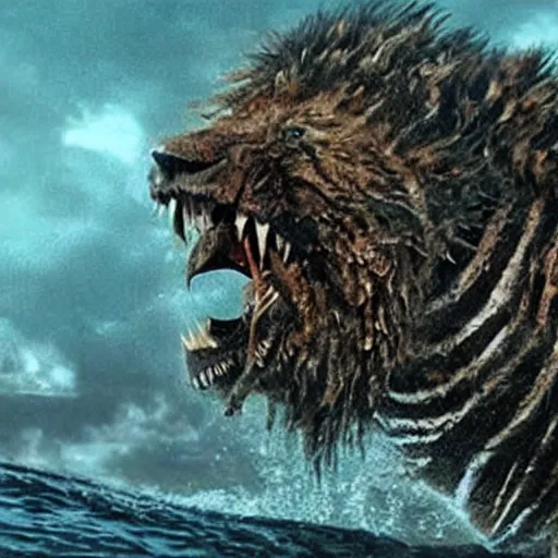 Prompt: realistic movie still of a beast coming out of the sea. it had ten horns and seven heads, with ten crowns on its horns, resembled a leopard, but had feet like those of a bear and a mouth like that of a lion. one of the heads of the beast seemed to have had a fatal wound, but the fatal wound had been healed