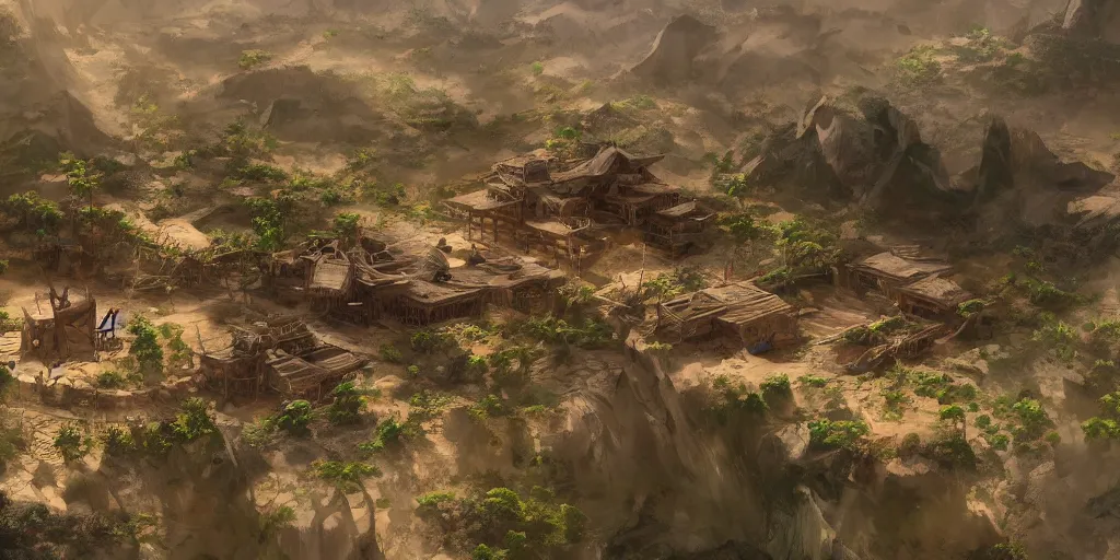 Image similar to extreme long shot of a sacred warrior isolated community living in an oasis in the middle of a large sand desert, digital painting, artstation, matte painting, highly detailed, art by mappa, kyoani, wit studio, studio bind