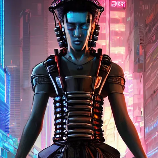 Image similar to cyberpunk samurai, with techware, subject centered in the frame, golden ratio, rule of thirds, volumetric lighting, prismatic neon accents, D&D, intricate, elegant, highly detailed, digital painting, japanese , altered carbon style, trending on artstation, unreal engine 5, octane render, redshift, concept art, art by Artgerm and Greg Rutkowski and Alphonse Mucha