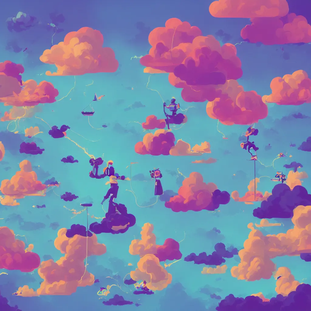 Image similar to a simple micro-service deployed to a public cloud, security, attack vector, trending on Artstation, painting by Jules Julien, Leslie David and Lisa Frank, muted colors with minimalism