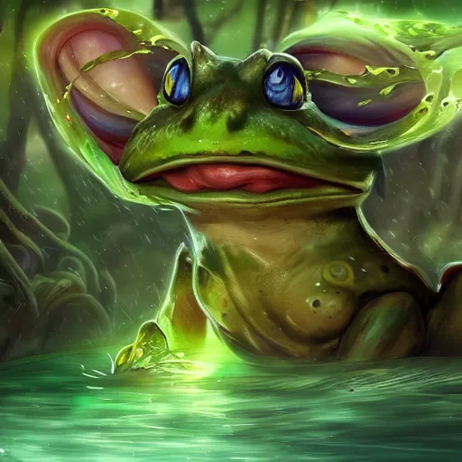 Image similar to beatiful art league of legends splash art of a frog in a swamp