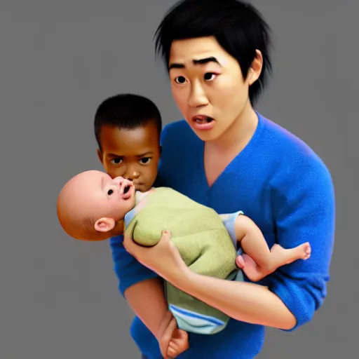 Image similar to shocked asian man holding african - american baby at hospital, he can't believe his eyes, award winning art, pixar, 3 d render, artstation