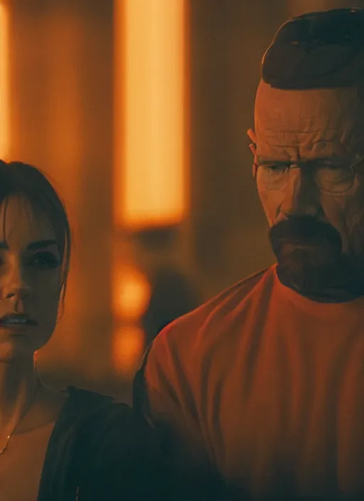 Image similar to a pov shot, color cinema film still of walter white & kate middleton in blade runner 2 0 4 9, cinematic lighting at night.