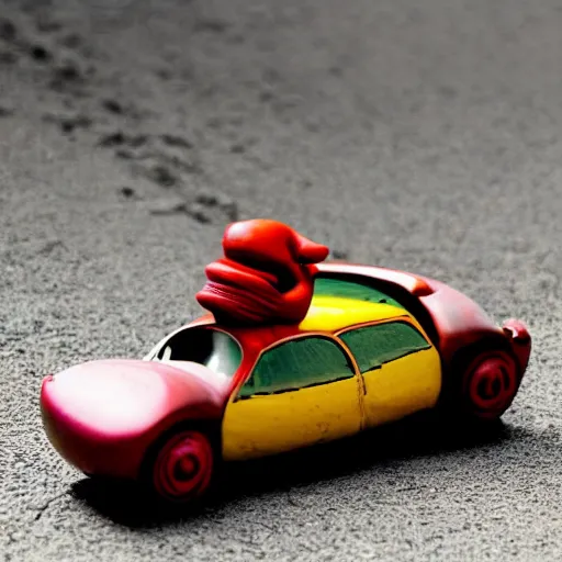 Prompt: car figurine on the road, the car looks like elephant!