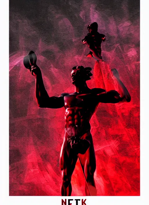 Image similar to black design poster showing a statue of hercules, black background with very subtle red and purple design elements, powerful, nekro, vito acconci, thin straight lines, dark, glitch art, neo vaporwave, gritty, layout frame, square, trending on artstation