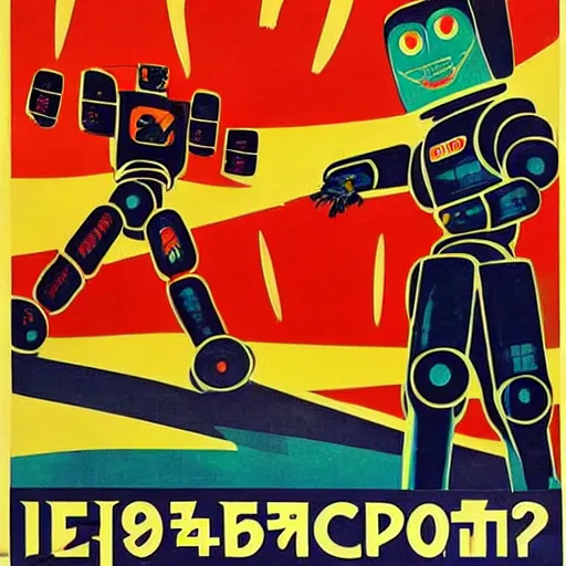 Image similar to soviet propaganda poster , robots revolting, 1960 style, space, future