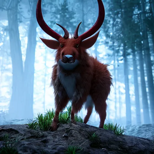 Prompt: ultrarealistic creature fluffy animal with horns and short legs and arms and red eyes, forest scene, octane render, highly detailed, cinematic lightning