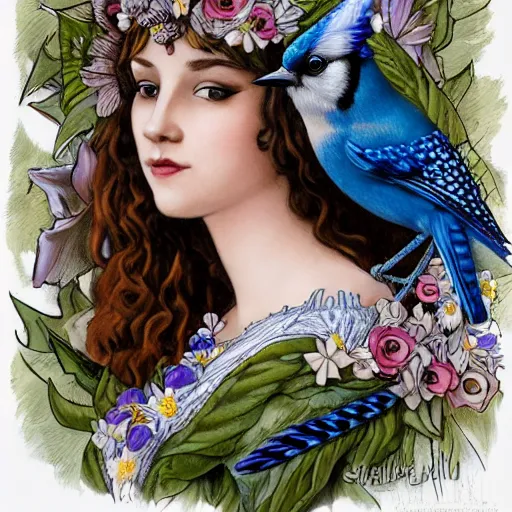 Image similar to realistic detailed face portrait of a beautiful woman with flowers in her hair and a blue jay nesting in her hair by jenny savilla, michael c hayes, fairytale, art nouveau, victorian, character concept design, smooth, extremely sharp detail, finely tuned detail, story book design, storybook layout