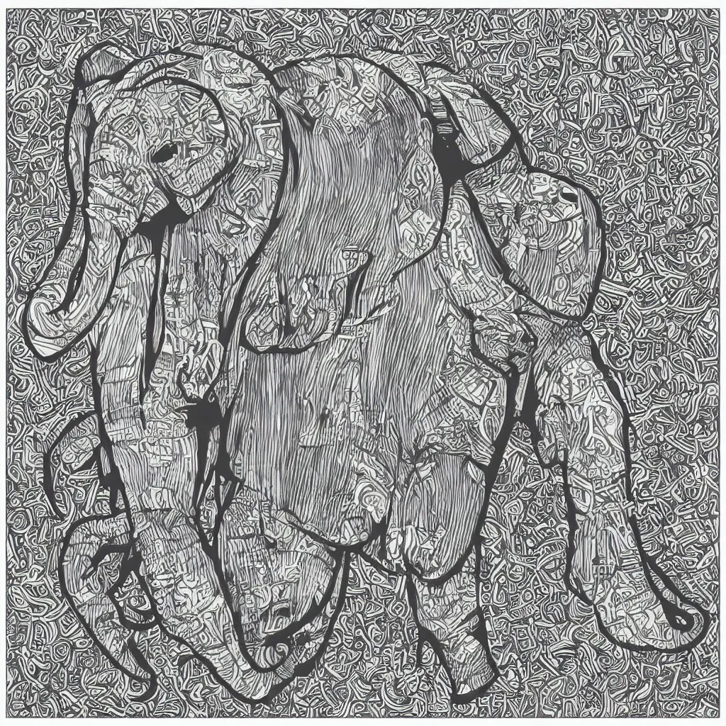 Prompt: block print cubist style vector elephant art