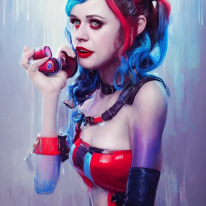 Image similar to portrait of Zooey Deschanel as a harley quinn. intricate abstract. intricate artwork. by Tooth Wu, wlop, beeple, dan mumford. octane render, trending on artstation, greg rutkowski very coherent symmetrical artwork. cinematic, hyper realism, high detail, octane render, 8k, iridescent accents