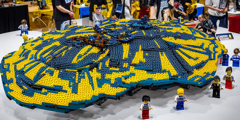 Image similar to wide shot lens photo of a very intricately detailed and epically shaped 1. 2 5 m long alien lego mothership ufo kit designed by a master builder as displayed at a lego convention.