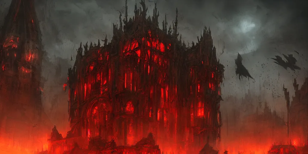 Image similar to grimdark chaos fortress, ruined, terrifying architecture, looming, dark, fog, atmospheric red lighting, flying chaos creatures, dark souls, hyperrealistic, artstation