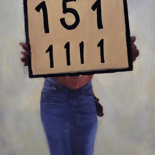 Prompt: a person holding a sign that says 1 + 1 = 3, oil painting, intricate