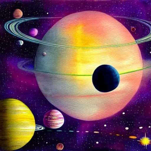 Image similar to a spaceship flying through a solarsystem in front of a pink planet, watercolor