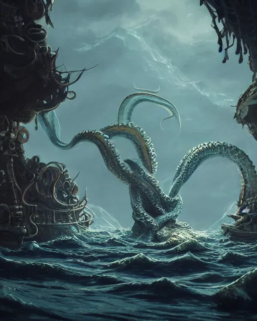 Prompt: An invisible Kraken in the middle of the sea on a chair, fantasy art, in the style of greg rutkowski, illustration, epic, fantasy, intricate, hyper detailed, artstation, concept art, smooth, sharp focus, ray tracing