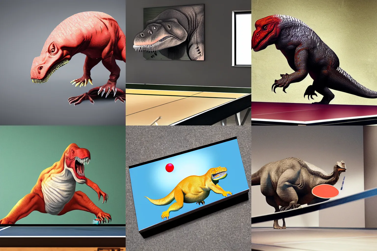 Prompt: tyrannosaurus playing ping pong photorealistic