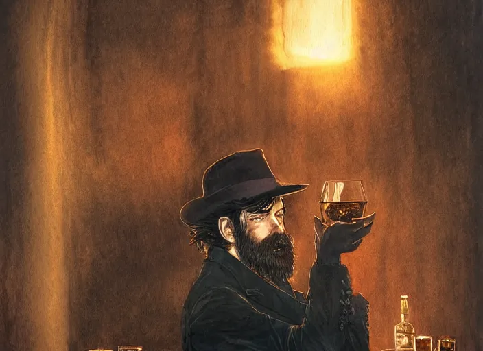 Image similar to A handsome Frenchman with beard and long black hair toasting with the devil drinking whiskey, watercolor, dramatic lighting, cinematic, establishing shot, extremely high detail, foto realistic, cinematic lighting, digital art, vector, by Yoshitaka Amano, Ruan Jia, Kentaro Miura, Artgerm, post processed, concept art, artstation, matte painting, style by eddie mendoza, raphael lacoste, alex ross