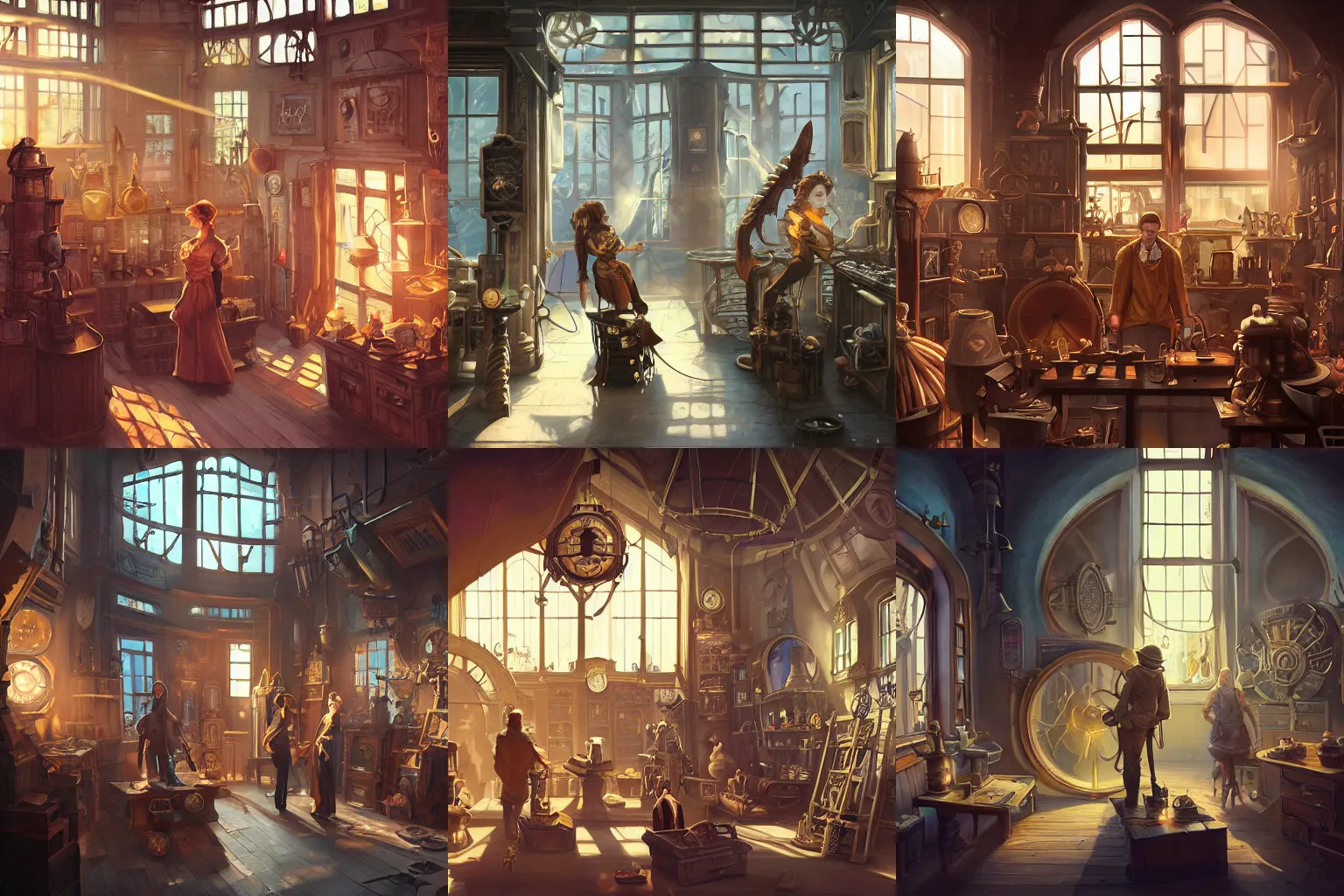 Prompt: Interior of a steampunk magic tech shop, bright, sunlight coming through the window, cinematic, digital painting, artstation, concept art, character design, smooth, sharp focus, illustration, illustration painting by Mandy Jurgens and Małgorzata Kmiec and Dang My Linh and Lulu Chen and Alexis Franklin and Filip Hodas and Pascal Blanché and Bastien Lecouffe Deharme, detailed intricate ink illustration