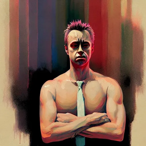 Prompt: Fight club portrait, very coherent, painted by Edward Hopper, Wayne Barlowe, painted by James Gilleard, airbrush, art by JamesJean