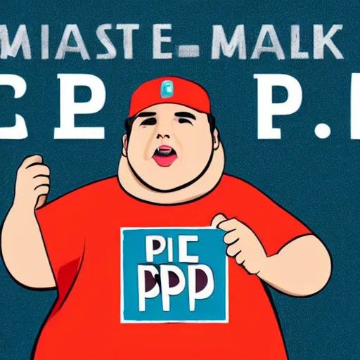 Prompt: very obese man with a t-shirt and a cap with the letter P, dedicating a book