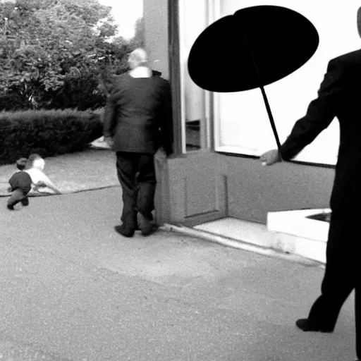 Image similar to An MIB caught on camera spying on a family, home CCTV footage, detailed, ominous, black and white