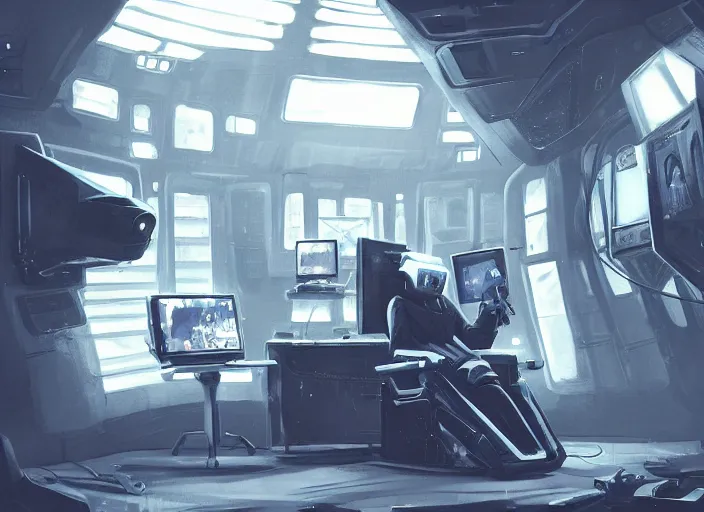 Prompt: a man sitting on a chair with things attached to his head, screens and monitors in front of him playing videos, ship interior, narrow hallway, scifi, dramatic lighting, concept art, surreal, by rutkowski