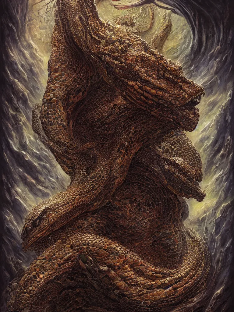 Image similar to uncut centered coherent realistic fullbody portrait with only one face. complex hyper-maximalist overdetailed cinematic cosmic scifi portrait of an elegant very attractive but wild and dangerous reptilian goddess by andrei riabovitchev, tomasz alen kopera, oleksandra shchaslyva. Omnious intricate. Secessionist portrait illustration. Poison goddes. Slightly Reminds to poison ivy. Focus on face. Artstation. Deviantart. 8k 4k 64megapixel. Rendered by binx.ly.