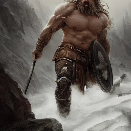 Image similar to cinematic view muscular viking after a battle on the snowy mountains blizzard digital painting, artstation, concept art, soft light, hdri, smooth, sharp focus, illustration, fantasy, intricate, elegant, highly detailed, D&D, matte painting, in the style of Greg Rutkowski and Alphonse Mucha and artemisia, 8k, highly detailed, jurgens, rutkowski, bouguereau, pastoral, rustic, georgic