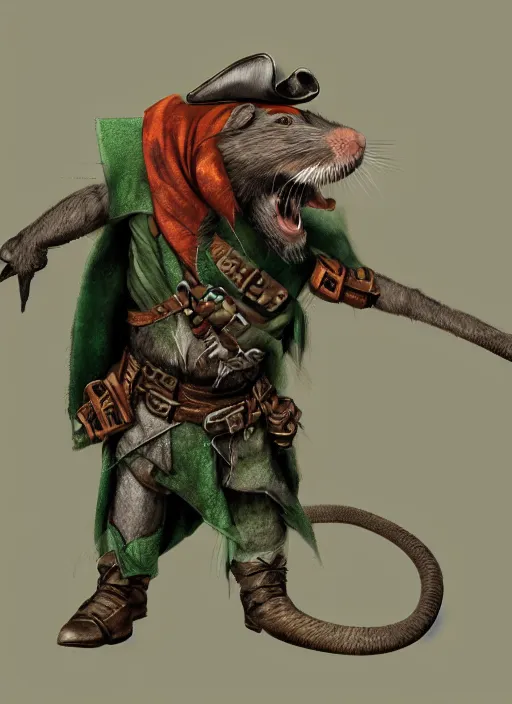 Image similar to rat on two legs with a gray beard, human eyes, pirate hat, green cape, digital art, fantasy, d & d, warhammer, realistic, detailed, dynamic, trending on artstation