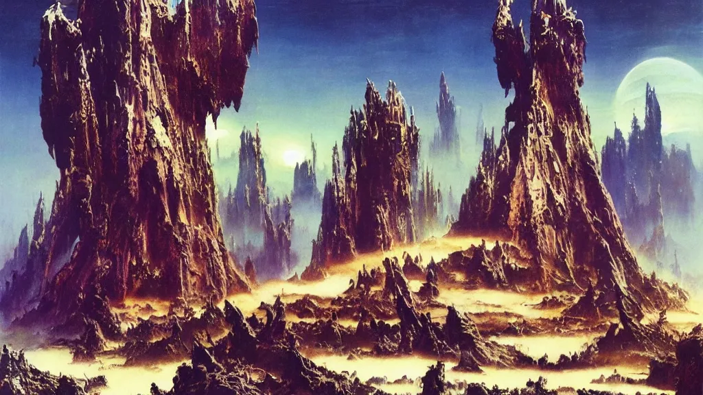 Image similar to surreal eerie alien planet empire by frank frazetta and bruce pennington, cinematic matte painting