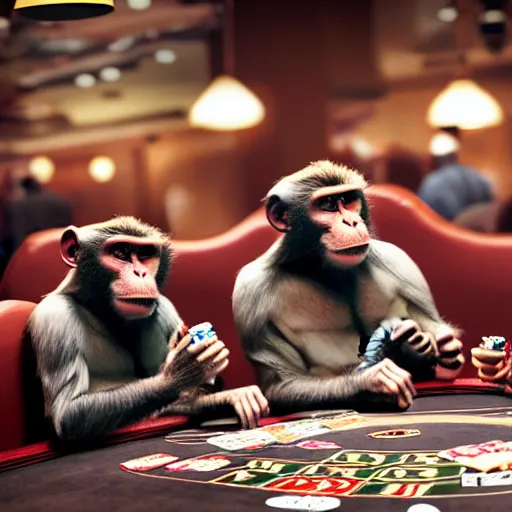 Prompt: a group of monkey's at a casino playing poker, Hyper Realism, realistic, cinematic lighting, ambient lights,