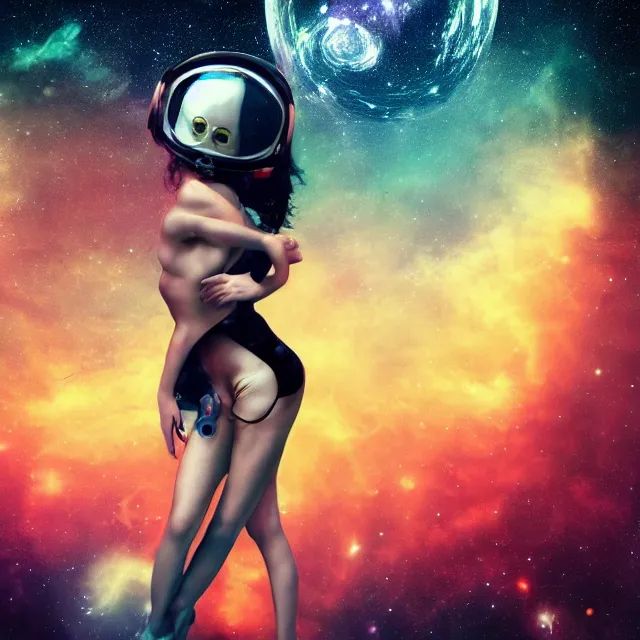 Prompt: - a seductive women with astronaut helmet, standing on the edge of the universe trying to make sense of the world with psychedelic backgrounds, 4 k, trending on artstation, renaissance