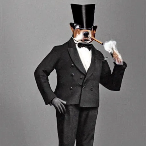 Prompt: Photograph of a black hunting terrier in a suit with a top hat and a monocle smoking a cigare