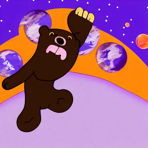 Image similar to cartoon animated illustration of a bear mascot being launched from a futuristic marble planet, purple and orange cloudland