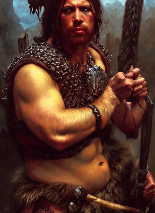 Image similar to barbarian, full body, hyper realistic, extremely detailed, dnd character art portrait, dark fantasy art, intricate fantasy painting, dramatic lighting, vivid colors, deviantart, artstation, by edgar maxence and caravaggio and michael whelan and delacroix.