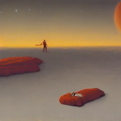 Prompt: detailed matte painting of a spacesuit laid on a small bed in a vast landscape, on a icy winter nightfall, by martin johnson heade and john howe and zdzislaw beksinski