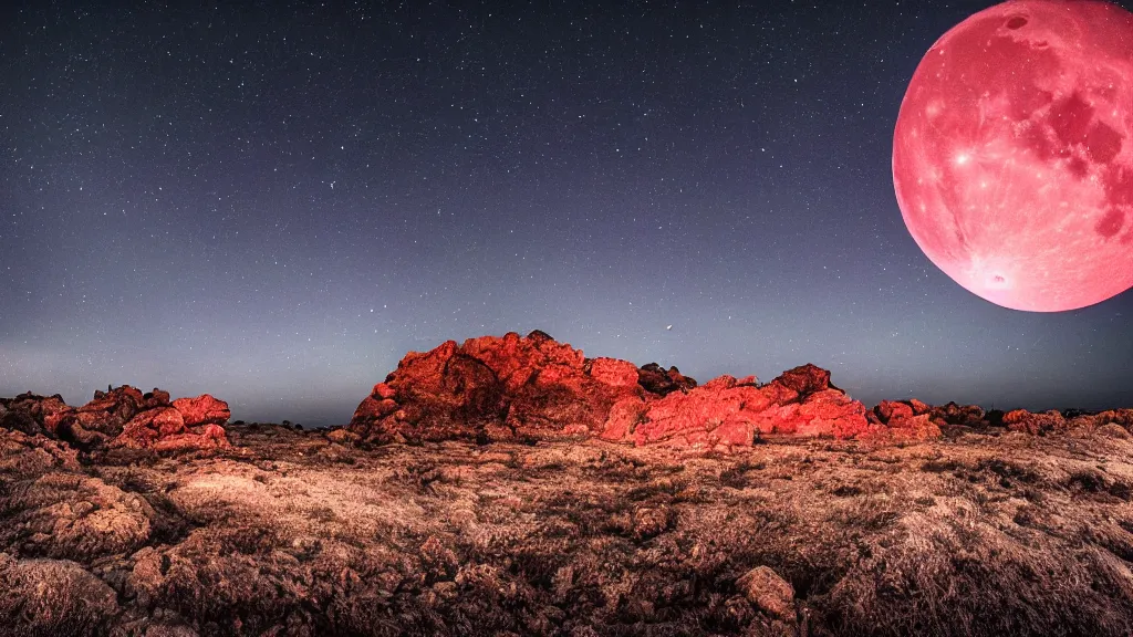 Image similar to Nikon D810 | ISO 800 | focal length 20mm (Voigtländer 20mm f3.5) | Aperture f/9 | Exposure Time 1/20 Sec (DRI 8k ultra realistic night time photography of a mystical cosmic night sky with red smoke and, a perfect big full moon!!!, A glimpse through a small gap in the dark green dense foliage!!!! and overgrowth and the trees!! of the huge full moon over water in a dark sky. wreathed in red smoke!!!, mist, starlight, night-time, volumetric lighting, dark enclosed, cozy, quiet forest night scene, spangled, cosmic