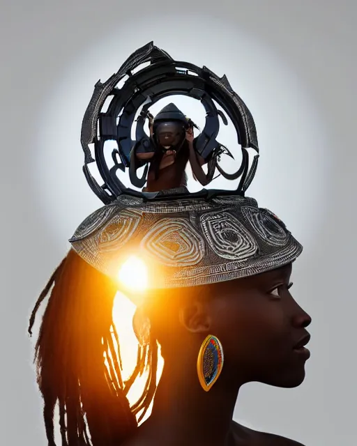 Prompt: centered medium shot fine studio photograph of a beautiful black girl wearing only a solarpunk mecha Maasai helmet with bright lights, ultra-realistic, white background, 8k HDR sunset lit, intricate design