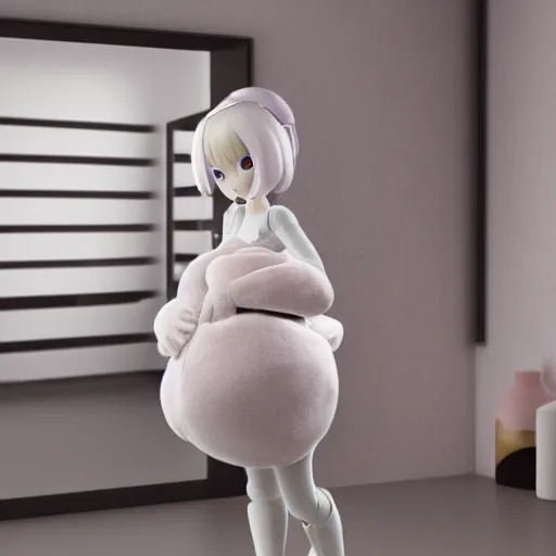 Image similar to cute fumo plush of a plastic shining robot girl in the mirror looking at reflection, vray, asymmetry