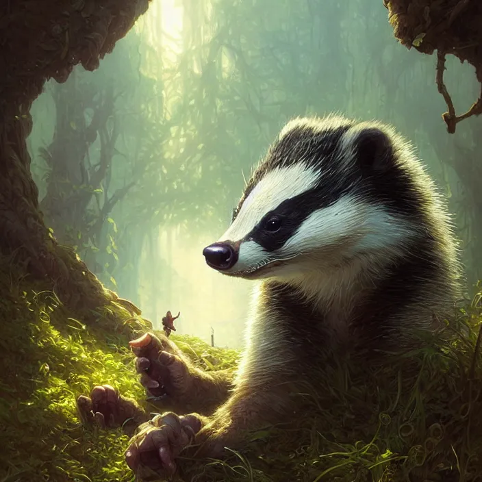 Image similar to highly detailed portrait of a cute badger, unreal engine, fantasy art by greg rutkowski, loish, rhads, ferdinand knab, makoto shinkai and lois van baarle, ilya kuvshinov, rossdraws, tom bagshaw, alphonse mucha, global illumination, radiant light, detailed and intricate environment