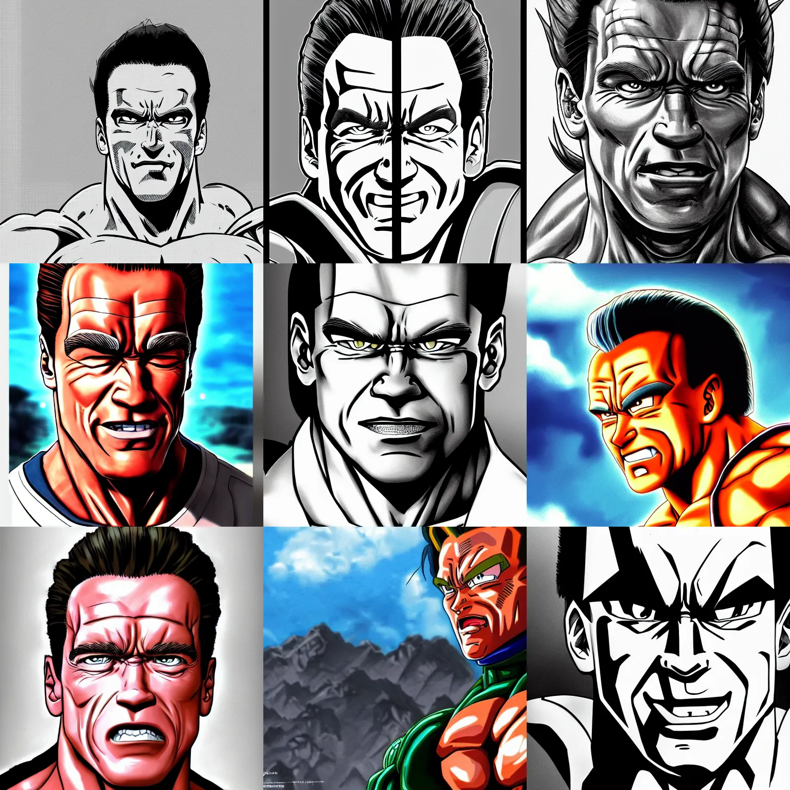 Prompt: arnold schwarzenegger!!! big head close up concept art of arnold schwarzenegger as a dragon ball character, beautiful landscape, 4 k anime character anime concept art ink by akira toriyama, artstation