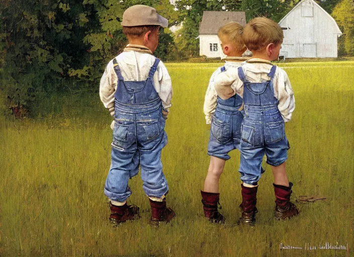 Image similar to high quality high detail painting by norman rockwell, hd, two young boys wearing overalls, farm, muted pastel colors, photorealistic lighting